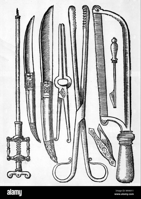 Anatomy Diagram Tattoo, Medieval Medical Illustration, Medieval Medical Tools, Medical Tools Illustration, Medieval Doctor Aesthetic, Medieval Woodcut Art, Medieval Tools, Medieval Medicine, Theme Tattoos