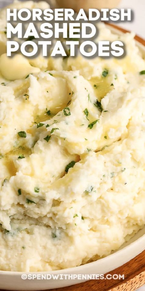 Fresh and creamy horseradish mashed potatoes are spiced up with garlic and green onion to add a touch of zest. The perfect side dish just got even better with the addition of horseradish! #spendwithpennies #horseradishmashedpotatoes #mashedpotatoes #sidedish #recipe #garlic #creamy #best #easy #creamcheese #fresh Horseradish Mashed Potatoes, Garlic Parmesan Mashed Potatoes, Cream Cheese Mashed Potatoes, Make Ahead Mashed Potatoes, Mashed Red Potatoes, Parmesan Mashed Potatoes, Red Potato Recipes, Dinner Homemade, Easy Mashed Potatoes