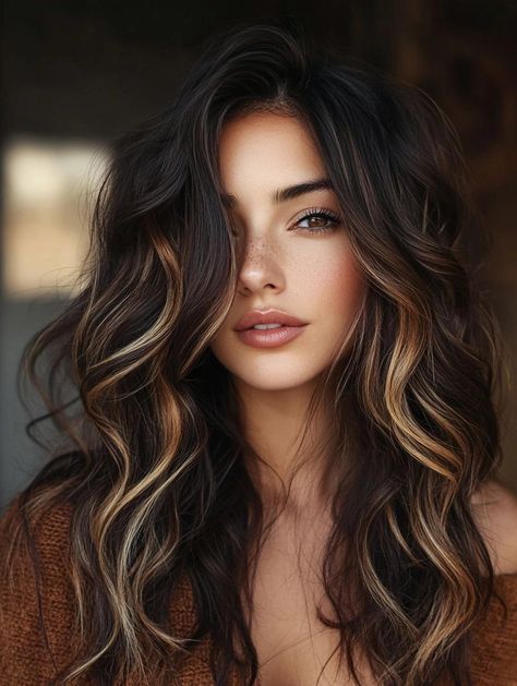 o Dark Hair With Light Ends Balayage, Dark Brown Hair With Caramel And Blonde Highlights, Womens Balayage Hair, Latina Fall Hair Colors, Warm Dark Brown Hair With Dimension, Brunette Hair Dimension Highlights, 2025 Brunette Hair, Brown And Carmel Hair Ideas, Fall 2024 Brunette Hair Trends