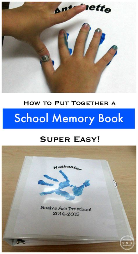 Preschool Memory Book - a super easy way to store artwork, pictures, and other memorabilia. Teaching 2 and 3 Year Olds Preschool Memory Book Ideas, Noahs Ark Preschool, Memory Book Ideas, Preschool Scrapbook, Preschool Memory Book, Preschool Portfolio, Store Artwork, School Memory Book, Memory Book School