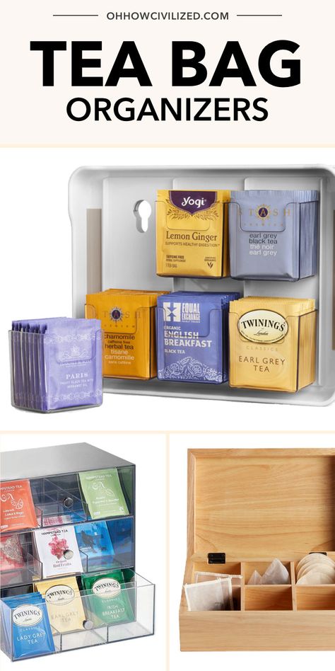 These are some of the best tea organization tips from Oh How Civilized! Do you have a shelf or drawer full of tea bags and don’t know how to keep them all organized? These tips will help you find the perfect tea bag organizer to keep everything neat and tidy. #tea #teabags #teatools #teatime Hot Tea Storage, Yea Bag Organization, Tea Bag Display Ideas, Teabag Storage Ideas, Teabag Organization, Organizing Tea Bags, Tea Shelf Organization, How To Organize Tea Bags, Diy Tea Bag Organizer