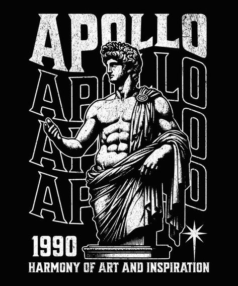 Apollo ancient greek god T-Shirt Design Template Greek Shirt Designs, Greek Tshirt Designs, Shirt Logo Design Graphics, Shirt Design Ideas Graphic T, Graphic T Shirts Aesthetic, Greek Graphic Design, Greek Mythology Design, Apollo Logo, Graphic Design Shirt