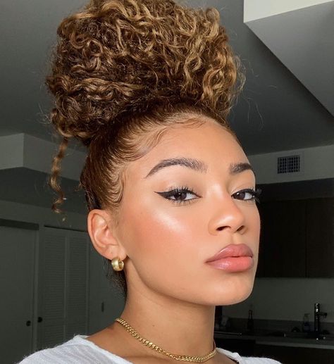 Jasmine Brown high bun High Messy Curly Bun, Jasmine Brown Hairstyles, Hairstyles For 2b Hair, High Bun Curly Hair, Curly Bun Hairstyles For Black Hair, Hairstyle High Bun, Curly High Bun, High Curly Bun, 2b Hair