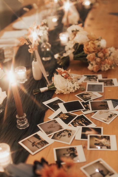 Pictures On Tables At Party, Polaroid Photo Table Wedding, Poloroid Pictures Wedding Ideas, Polaroid Pictures Wedding Table, Polaroid Name Cards Wedding, Polaroid Camera Wedding Table, Polaroid Table Wedding, Hen Decorations, Guest Polaroid Wedding