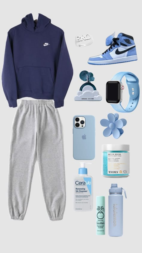 Style Blue Sweatpants, How To Style Blue Sweatpants, Outfits With Blue Sweatpants, Light Blue Outfit Ideas, Blue Hoodie Outfit, Light Blue Outfit, Blue Outfit Ideas, Outfit Ideas For School, Curvy Casual Outfits