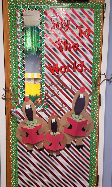 Christmas door with singing reindeer...Joy to the World Music Christmas Door Decorations, Singing Reindeer Door Decoration, Joy To The World Door Decorating Contest, Christmas Song Door Decorations, Christmas Song Door Decorating Contest, Christmas Door Decoration Ideas, Shrek Party, Diy Christmas Door Decorations, Door Decorations Classroom Christmas