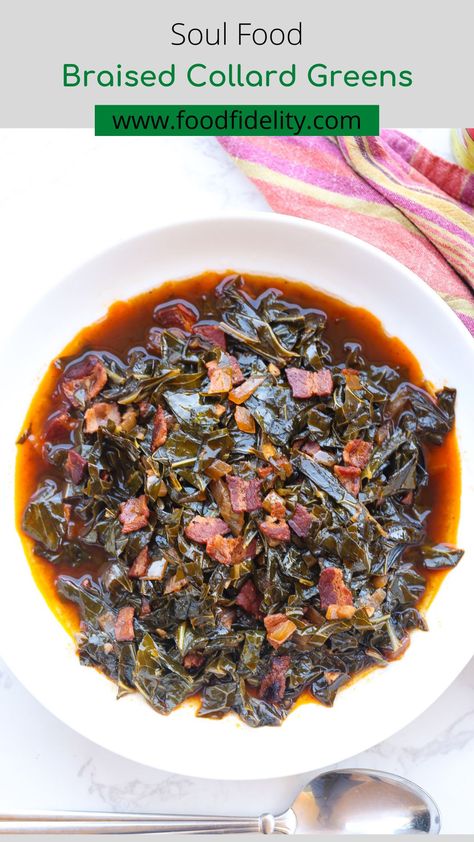 Braised collard greens with bacon a classic flavorful Southern dish. Combines tender greens, crispy bacon, and savory broth for a tasty meal. #braisedcollardgreens #collardgreenswithbacon #collardgreenrecipes #sidedish #soulfood #comfortfood #southernfood #dinner Braised Collard Greens, Easy Soul Food, Greens With Bacon, Collard Greens With Bacon, Southern Collard Greens, Greens Recipes, Southern Recipes Desserts, Potatoes Broccoli, Collard Greens Recipe