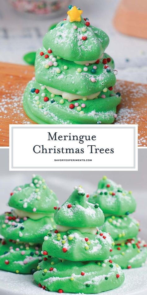 Melt in your mouth Meringue Christmas Trees are so easy to make and look amazing on the table. Extra light, crunchy and delicious! Merengue Christmas Trees, Meringue Christmas Trees, Christmas Tree Meringue Cookies, Meringue Christmas Tree, Tree Meringue, Meringue Christmas, Christmas Meringue, Dessert For Christmas, Holiday Entertaining Food