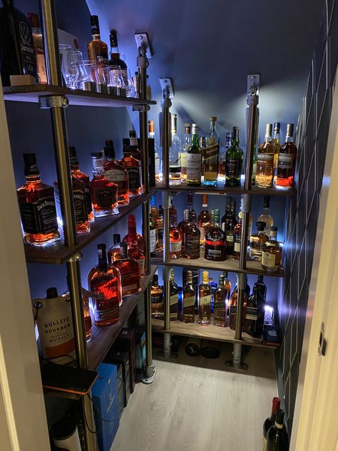 Garage Hangout Ideas Man Caves, Alcohol Collection Display, Under Stairs Whisky Storage, Bourbon Closet Ideas, Under Stairs Bourbon Storage, Whiskey Closet, Bourbon Closet, Whisky Shelves, Alcohol Display Home