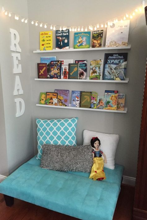 Creating a Reading Nook for Kids - Glitter On A Dime Simple Reading Nook, Diy Bookshelf Kids, A Reading Nook, Reading Nook Kids, Basement Playroom, Toddler Playroom, Playroom Design, Playroom Ideas, Bookshelves Kids