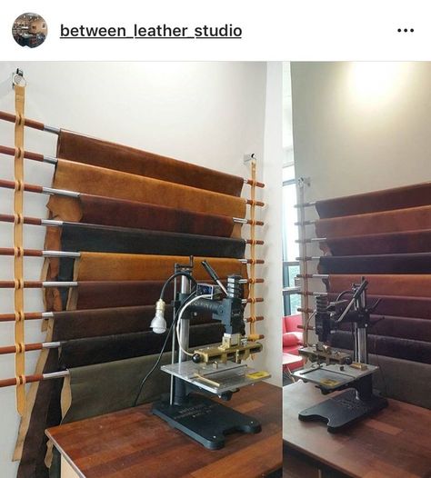 Leather Hide Storage Ideas, Leather Working Station, Leather Storage Ideas, Leather Workshop Studio, Leather Workbench, Leather Workshop Ideas, Leathercraft Workshop, Atelier Ideas, Stall Decorations