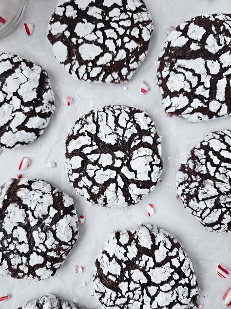 Chocolate Peppermint Crinkle Cookies Peppermint Chocolate Crinkle Cookies, Chocolate Peppermint Crinkle Cookies, Peppermint Crinkle Cookies, Peppermint Chocolate Cookies, Christmas Gifting Ideas, Xmas Cookies Recipes, Christmas Cookie Box, Chocolate Crinkle, Chocolate Peppermint Cookies