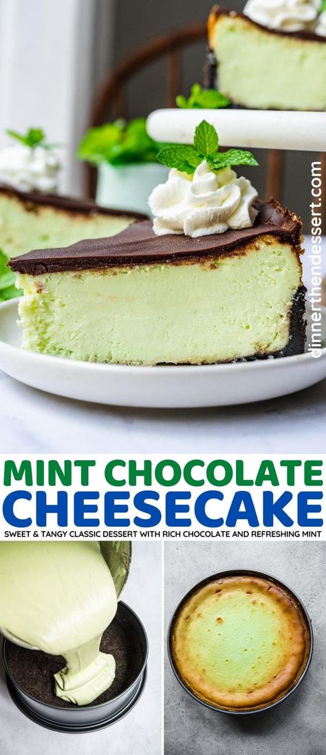 Mint Chocolate Cheesecake is a refreshing sweet treat with an Oreo crust, creamy, green mint filling, and a rich chocolate ganache topping. Mint Chocolate Cheesecake Recipes, Grasshopper Cheesecake, Mint Chocolate Chip Cheesecake, Chocolate Mint Cheesecake, Green Cheesecake, Chocolate Ganache Topping, Mint Pie, Mint Chocolate Cheesecake, Mint Cheesecake