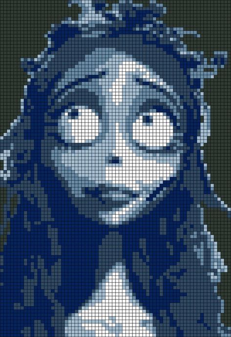 Corpse Bride Alpha Pattern, Corpse Bride Crochet Pattern Free, Lovejoy Pixel Art Grid, Cross Stitch Tapestry Pattern, Coraline Pixel Art Grid, Corpse Bride Perler Beads, Alpha Patterns Knitting, Corpse Bride Pixel Art, Alpha Pattern Grid