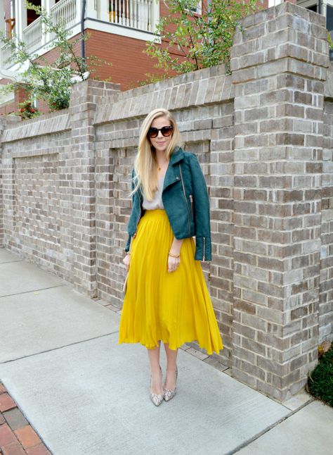 Fash Boulevard: Pretty Pleats Skirt Essentials, Yellow Pleated Skirt Outfit, Pleaded Skirts, Yellow Skirt Outfit, Yellow Skirt Outfits, Yellow Skirts, Mustard Yellow Skirts, Yellow Pleated Skirt, Green Leather Jacket