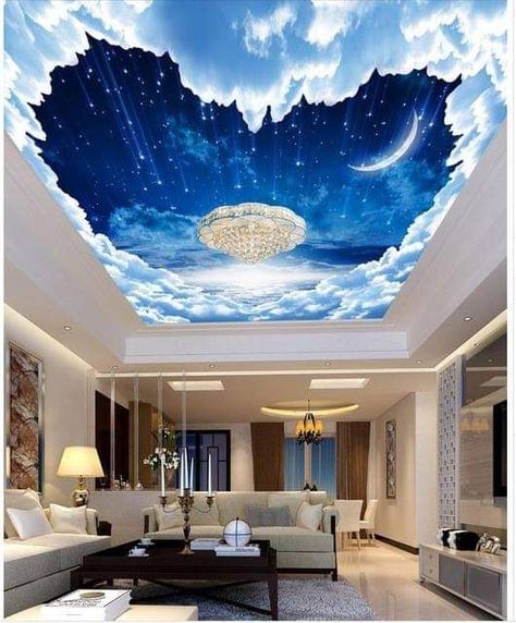 Bedroom Ceiling Wallpaper, Planet Ceiling, Clouds Ceiling, Wallpaper For Ceiling, Murals Bedroom, 3d Wallpaper Ceiling, Blue Universe, Ceiling Mural, Cloud Artwork