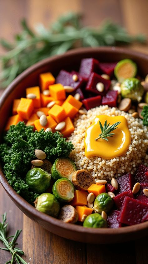 Fall Vegetable Quinoa Bowl Fall Harvest Bowl Recipe, Autumn Bowl Recipe, Fall Quinoa Bowl, Sweet Potato Quinoa Bowl, Colorful Salad Recipes, Fall Quinoa, Kale Butternut Squash, Seasonal Veggies, Vegetable Quinoa