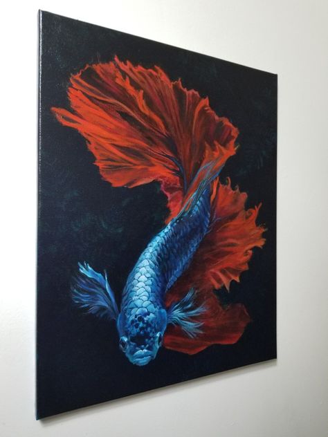 Betta Fish Oil Painting, Betta Painting, Betta Fish Painting, Fish Painting Acrylic, Fish Oil Painting, Fighter Fish, Blue Blanc, Fish Sketch, Sea Turtle Painting