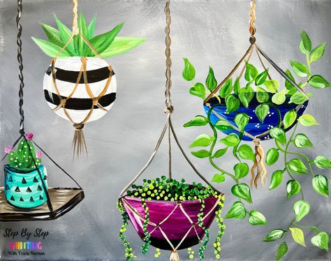 How To Paint Spring, Acrylic Painting Plants Easy, Hanging Plant Painting, Hanging Plants Painting, Painting Potted Plants On Canvas, Plant Painting Acrylic, Hanging Plant Painting Acrylic, Painting Succulents Acrylic, Succulent Canvas Painting