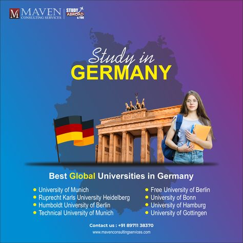 🌟 Gear up for the adventure of a lifetime! 🎓 Study at the top-notch global university in Germany 🇩🇪 and unlock limitless possibilities! 🚀 Embrace the excitement, knowledge, and success that await! 🌍 #StudyInGermany #FutureLeaders Get in touch with us for expert counselling at +91 89711 38370 or visit www.mavenconsultingservices.com For more Information regarding Study Abroad. Study Abroad Germany, German University, Heidelberg University, Study Abroad, Social Media Post, Berlin, University, Germany, Social Media