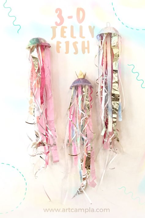 Art Camp Ideas, Jelly Fish Craft, 3d Jellyfish, Mobiles Art, Easy Kids Crafts, Art Jellyfish, Upcycling Recycling, Fish Craft, Jellyfish Craft