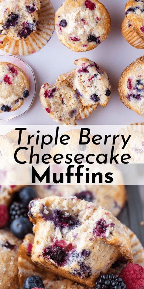 You have just found your new favorite crowd-wowing recipe - triple berry cheesecake muffins! Packed with fresh berries, these moist, fluffy muffins are layered with cheesecake goodness. Plus, I’m teaching you my tried and true steps to making impressive bakery-style domed tops! Mixed Berry Recipes, Triple Berry Cheesecake, Triple Berry Muffins, Berry Muffin Recipe, Mixed Berry Muffins, Muffin Cups Recipes, Fluffy Muffins, Berry Waffles, Fruit Cheesecake