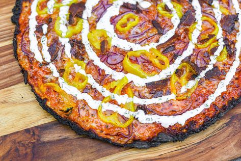 If you're not on the ranch-on-pizza bandwagon yet, this bar pie topped with the ubiquitous sauce along with red onion, banana peppers, and bacon, makes a good showing of how the two work very well together. Banana Pepper Pizza, Bar Pizza, Powdered Buttermilk, Quick Pizza, Banana Peppers, Ranch Recipe, Pie Tops, Baking Stone, Pizza Pie