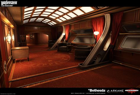 ArtStation - Wolfenstein Youngblood: Zeppelin Living Quarters, Dan Mihaila Wolfenstein Youngblood, Art Deco City, Twisted Ankle, Casino Jackpot, Navi A Vela, Retail Store Interior Design, Spaceship Interior, Set Dressing, Sci Fi Environment