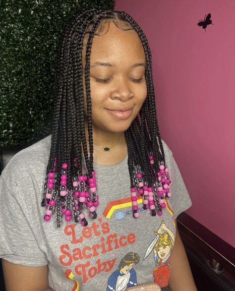 Knotless Box Braids With Pink Beads, Coi Leray Braids With Beads, Cute Lace Front Hairstyles, Bead Braids, Braids With Pink, Hairstyles Braids Black, Black Kids Braids, Lace Front Hairstyles, Kids Braids Hairstyles