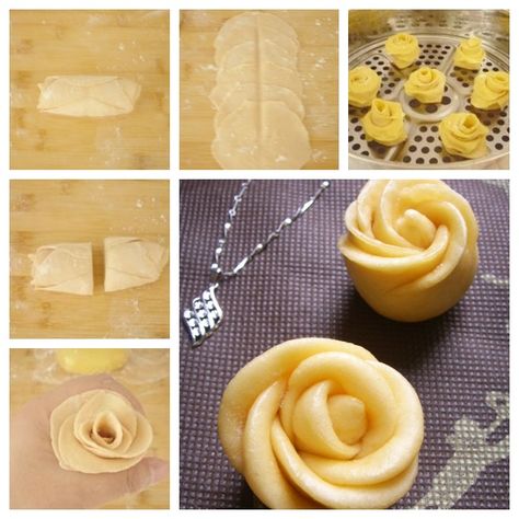 Yummy and Healthy Rose Flower Bread--> http://wonderfuldiy.com/wonderful-diy-yummy-and-healthy-rose-flower-bread/ #diy #bread #recipe #rosebread Flower Bread Recipe, Rose Shaped Food, Steamed Bread Recipe, Purple Mashed Potatoes, Flower Bread, Bread Cones, Steamed Bread, Purple Potatoes, Bread Shaping