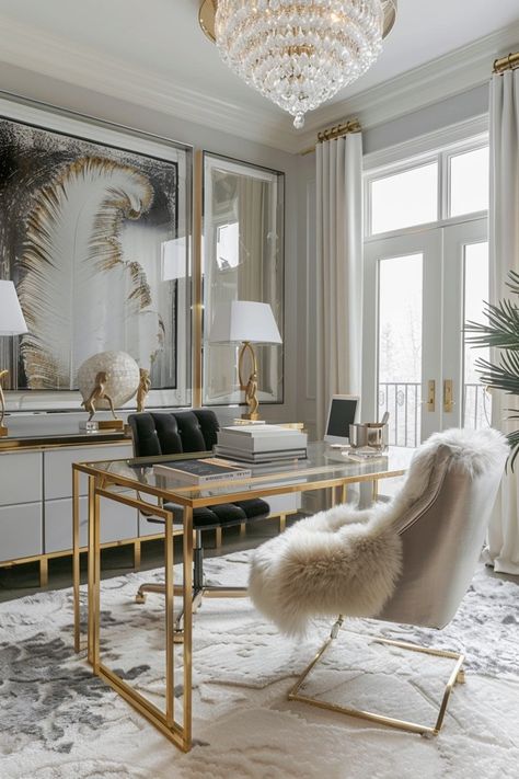 Glamorous Home Office: Metallic Touches Glam Room And Office, Bougie Office Ideas, Luxury Office Decor, Modern Chic Office Design, Glamorous Home Office, Pink Glam Office, White And Gold Office Ideas, Dream Office Luxury, Luxe Home Office