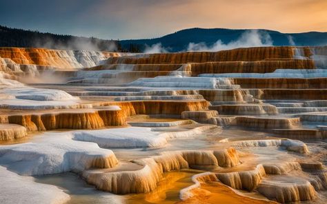 Explore the wonders of Mammoth Hot Springs Terraces, a natural marvel sculpted by geothermal forces and limestone in Yellowstone. Mammoth Hot Springs Yellowstone, Seven Seals, Mammoth Hot Springs, The Seventh Seal, Hot Springs, Seals, Surrealism, Springs, Terrace