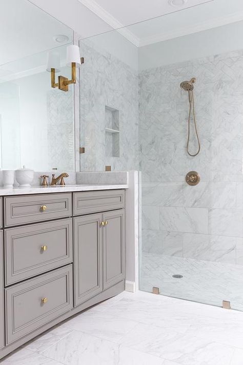 White Porcelain Marble Like Bathroom Tiles, Contemporary, Bathroom, Benjamin Moore Chelsea Gray Makeover Kamar Mandi, Luxury Bathroom Master Baths, Bad Inspiration, Gray Cabinets, Gold Fixtures, Property Brothers, Marble Counter, Subway Tiles, Grey Bathrooms