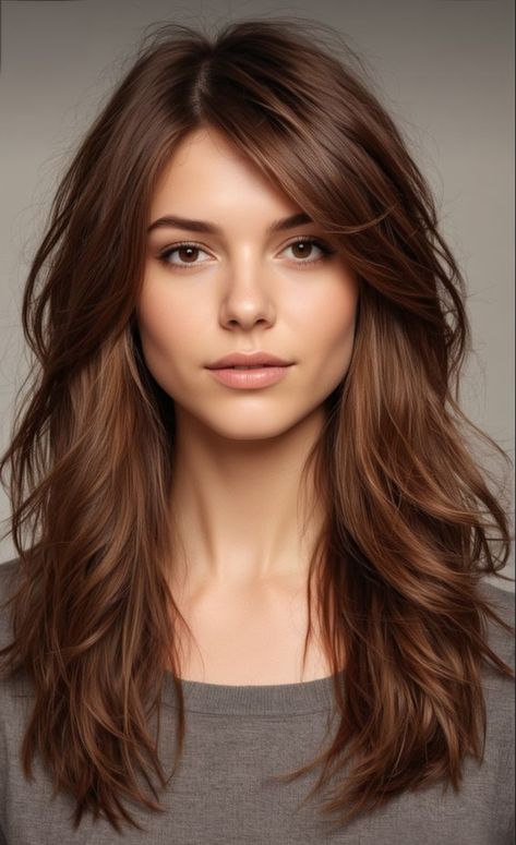 Face Frame Haircut Side Part, Side Parting Layered Hair, Side Part With Face Framing Layers, Long Hairstyles With Side Part, Long Layered Hair With Side Part, Wispy Layered Hair Medium, Side Part Haircut Long Hair, Bangs With Soft Layers, Hair Shaped Around Face