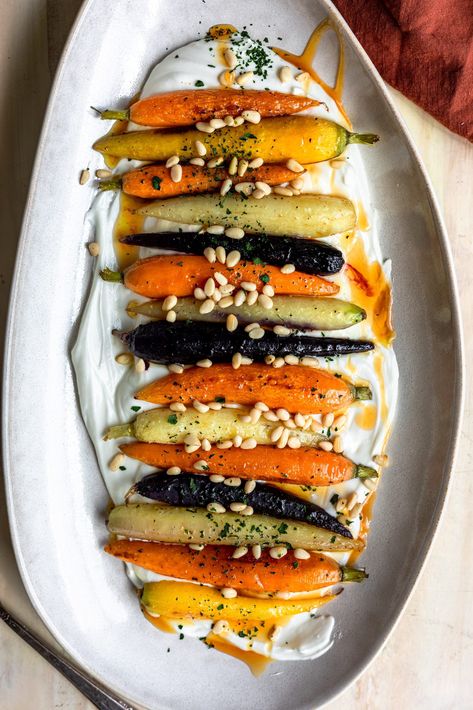 Cheese With Hot Honey, Nutritional Foods, October Recipes, Caramelized Carrots, Whipped Goat Cheese, Goat Cheese Recipes, Hot Honey, Toasted Pine Nuts, Spring Vegetables