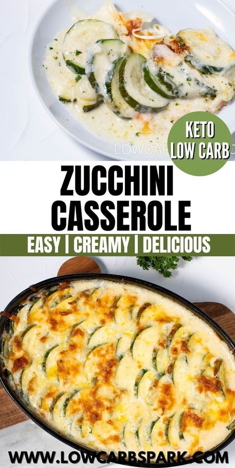 This zucchini casserole is low-carb side dish made with layered sliced zucchini and a creamy parmesan cheese sauce. A delicious baked zucchini gratin recipe comes together in under 40 minutes, and it’s gluten-free and keto-friendly. Keto Friendly Zucchini Recipes, Cheesy Chicken Zucchini Casserole, Loaded Zucchini Bake Keto, Keto Zucchini Casserole, Low Carb Zucchini Recipes, Sliced Zucchini, Keto Veggies, Zucchini Recipes Baked, Zucchini Gratin