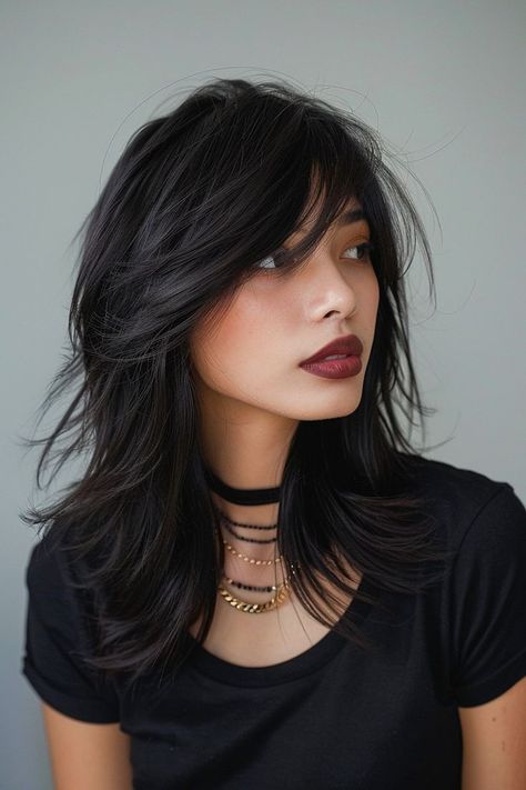 Edgy medium haircut with emo layers and bangs 2025 Mid Length Hair, Shoulder Length Hair With A Lot Of Layers, Alt Long Layered Hair, Medium Punk Hairstyles, Wolf Cut Medium Length Hair, Side Part Shag Haircut Medium, Dark Hair Medium Length Layers, Alternative Layered Hair, Lesbian Haircuts Medium