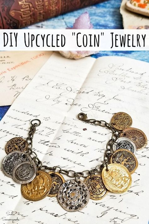 Metal buttons are super easy to upcycle into "old coins" for creating your own button jewelry or coin jewelry, just like this boho bracelet by Sadie Seasongoods! It looks exotic and almost like it's made from pirate coins, but costs little to nothing to make! #bohostyle #bohojewelry #DIYjewelry #coinjewelry #bohobracelet #metalbuttons #buttonjewelry #coinjewelry #bohemianstyle #bohemianjewelry Jewelry Made From Old Coins, Coin Jewelry Diy, Repurpose Jewelry, Recycling Projects, Pirate Coins, Necklaces Diy, Pirate Jewelry, Pieces Of Eight, Infinity Necklace Silver