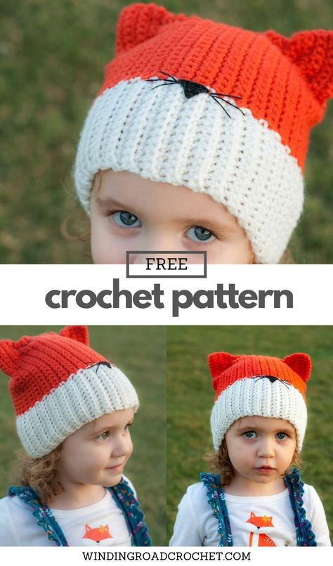 Crochet a quick and easy crochet fox hat. Free crochet pattern with video tutorial. Plus instructions on how to make a wolf hat as well. Crochet Fox Hat, Fox Hat Pattern, Fox Hat Crochet, Fox Beanie, Crochet Wolf, Cat Hat Pattern, Winding Road Crochet, Crochet Animal Hats, Crochet Cat Hat