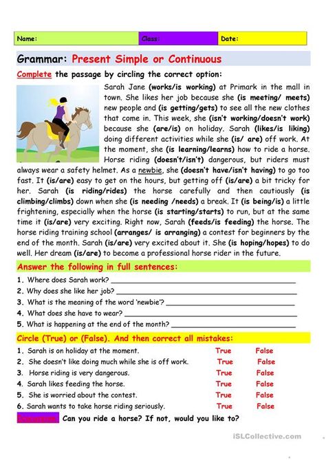 Present Simple Comprehension, Present Continues Tense Worksheet, Present Simple Worksheets English Grammar, Present Simple Reading Comprehension, Present Simple And Continuous Worksheet, Present Tense Worksheets, Present Simple Present Continuous, Simple Present Tense Worksheets, Present Continuous Worksheet