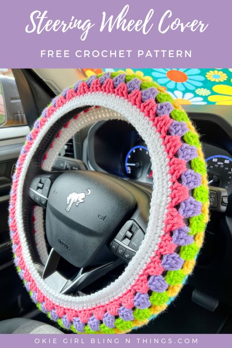 Crochet Car Steering Wheel Cover Free Pattern, Crochet Patterns For Car, Crochet Rearview Mirror Decoration Free Pattern, Steering Wheel Cover Crochet Pattern, Wheel Cover Crochet Pattern, Crochet Gifts For Grandma, Things To Do With Yarn, Crochet Items To Sell, Crochet Decor Ideas