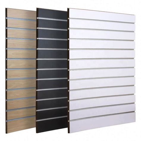 Slatwall Panel Ideas, Wall Panel Storage, Diy Slat Wall Storage, Shop Board Design Display, Garage Slat Wall Organization, Slatwall Ideas Retail, Grey Slat Wall, Garage Walls Covering Ideas, White Slat Wall