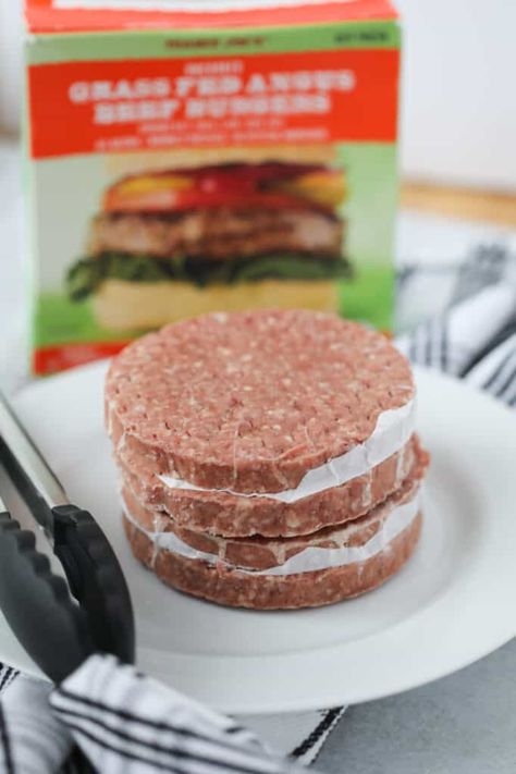 frozen burgers air fryer ingredients on a white plate Frozen Burgers In Air Fryer, Burgers Air Fryer, Burgers In Air Fryer, Air Fryer Burgers, Air Fryer Recipes Hamburger, Air Fryer Recipes Chicken Breast, Low Carb Bun, Frozen Sweet Potato Fries, Air Fryer Recipes Breakfast