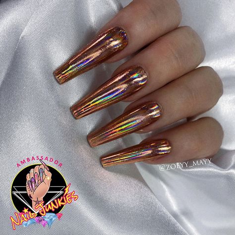 Use code: ZOEYY5 for a discount at www.nail-junkies.co.uk #nailinspo #holographic #holo #rosegold #rosegoldnails #foilnails #nailjunkies #coffinnails #nailideas #holographicnails #springnails #summernails #longnails #nailinspo Gold Holographic Nails, Holographic Nail Designs, Rose Gold Nails, Holographic Foil, Foil Nails, Holographic Nails, Dope Nails, Coffin Nails, Long Nails