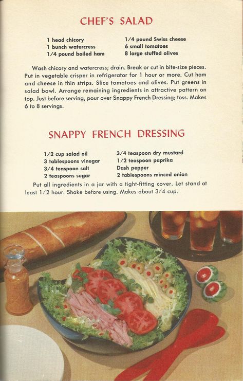 Vintage Recipes 1950s, 1950s Recipes, Boiled Ham, 1950s Food, Cottagecore Recipes, Vegetable Crisps, Chef Salad, Chicken Salad Recipe, Small Tomatoes