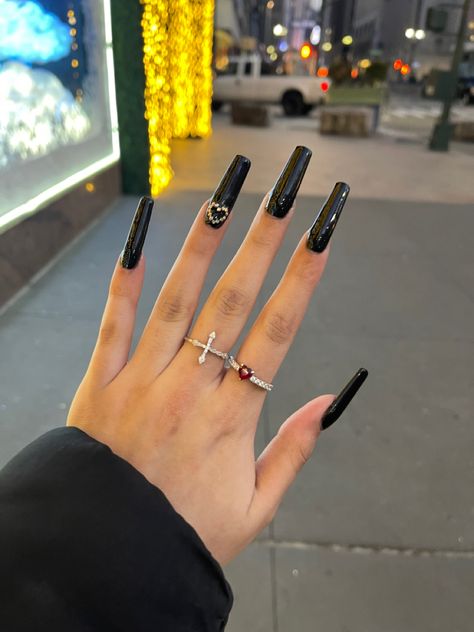 Plain Black Nails With Rhinestones, Long Black Nail Ideas Square, Black Nails With Diamonds Simple, Grunge Nails With Rhinestones, Black With Jewels Nails, Long Black Nails Design, Long Coffin Acrylic Nails Black, Acrylic Nails Black Long, Black Square Nails With Rhinestones