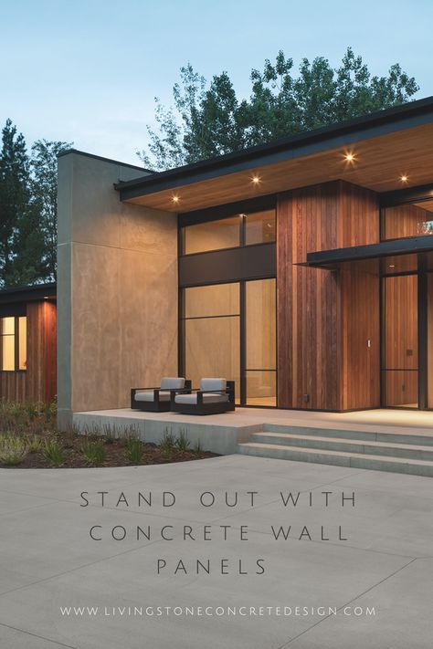 Concrete cladding on a modern home under a cotton candy sky. Concrete wall cladding provided by Living Stone Concrete Design. The text on the page reads "Stand out with concrete wall panels" Concrete Cladding Exterior, Concrete Fence Wall Modern, Concrete Wall Exterior, Cement House Design, Concrete Homes Exterior, Concrete Panel Facade, Concrete Exterior House, Cement Homes, Concrete Fence Wall