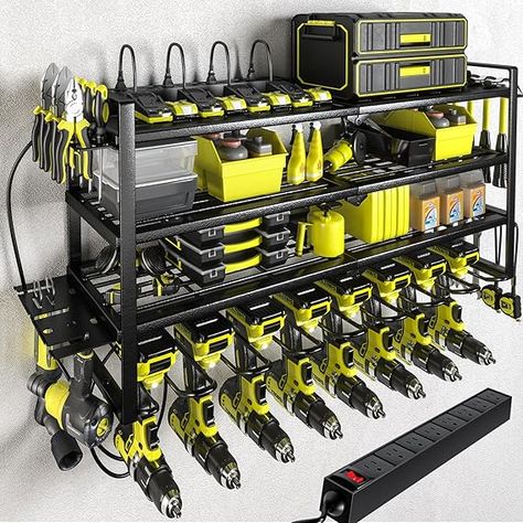 KAFAHOM Power Tool Organizer with Charging Station.Garage 8 Drill Holder Built in 8 Outlets Power Strip,Tool Storage Shelf Wall Mount,Tool Battery Organizer with Screwdriver/Hammer/Air Tool Rack Classic Shelves, Power Tool Organizer, Drill Holder, Tool Room, Tool Rack, Tool Box Storage, Garage Shelving, Cordless Tools, Shelf Wall