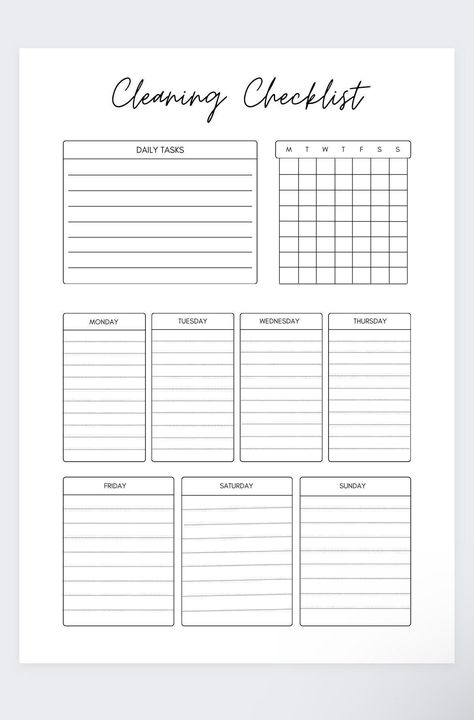 Keep your home clean and organized with this printable cleaning schedule and planner! Includes weekly cleaning checklist, house chores, and spring cleaning Cleaning To Do List Printable, Daily Weekly Monthly Cleaning Schedule Template, Cleaning Template Printable, Cleaning Schedule Templates Free, Blank Cleaning Schedule Printable, Blank Cleaning Checklist, Checklist Template Printables, Chores Template, House Cleaning Charts