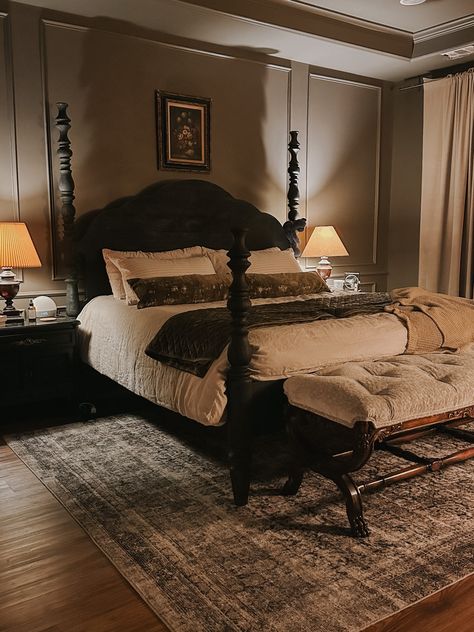 Gleaming Primrose Mirror curated on LTK Dark Wood French Country Bedroom, Moody Bedroom Four Poster Bed, Spouse Bedroom Ideas, Romantic Antique Bedroom, Master Bedrooms Dark Academia, Four Poster Bed Dark Academia, Moody Bedroom Furniture, Dark Traditional Bedroom, Moody English Cottage Bedroom